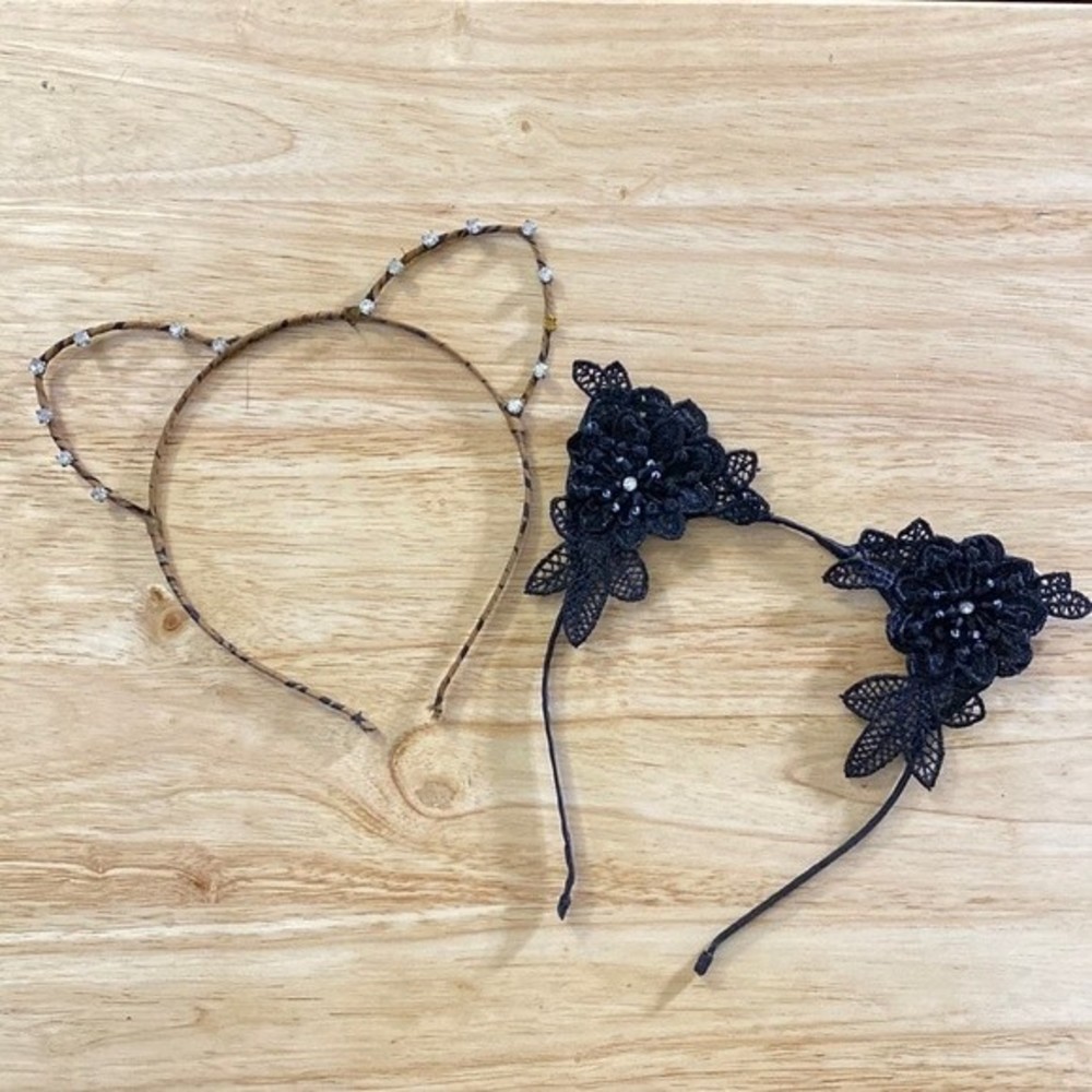 Cat Ear Headband Bundle Set of 2 Black Lace & Rhinestone Leopard Print